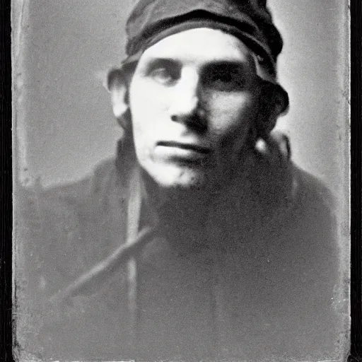 Prompt: daguerreotype photograph of jerma 9 8 5 wearing a ripped t - shirt and a newsboy cap, old photo, vintage, industrial revolution, historical archive, realistic