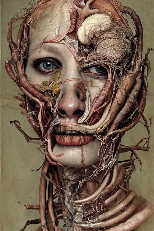 Prompt: Detailed maximalist portrait of a greek god with large lips and eyes, scared expression, botanical skeletal with extra flesh, HD mixed media, 3D collage, highly detailed and intricate, surreal illustration in the style of Jenny Saville, dark art, baroque, centred in image