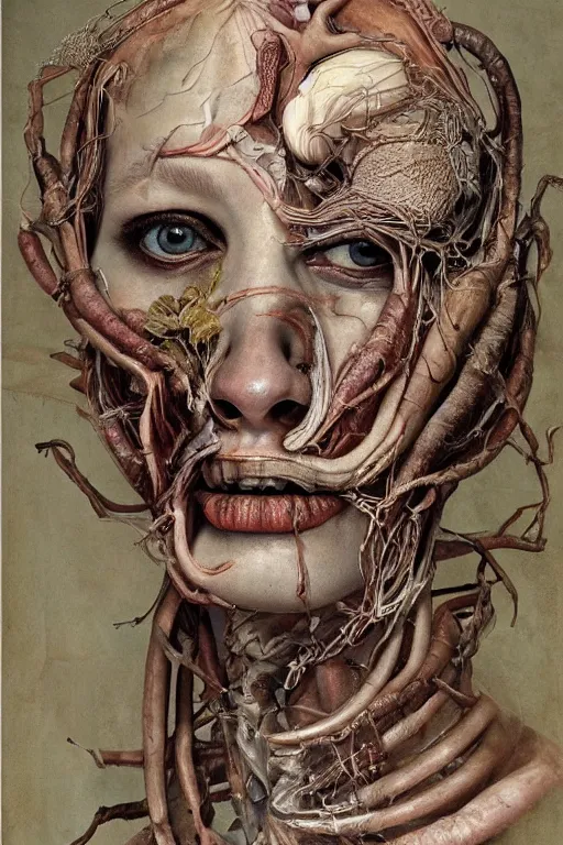 Image similar to Detailed maximalist portrait of a greek god with large lips and eyes, scared expression, botanical skeletal with extra flesh, HD mixed media, 3D collage, highly detailed and intricate, surreal illustration in the style of Jenny Saville, dark art, baroque, centred in image