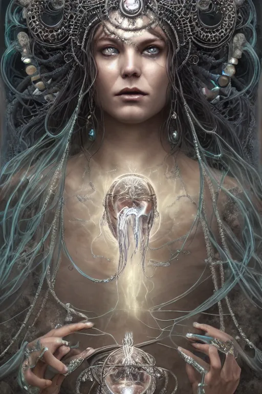 Prompt: a centered render of a wild post apocalyptic goddess with wearing ornate silver and gemstones and crystal clothing surrounded by flowing liquid gallium jellyfish and sacred geometry, perfect body and face, gorgeous, cinematic, beautifully lit, by tomasz alen kopera and peter mohrbacher and craig mullins, 3 d, trending on artstation, octane render, 8 k