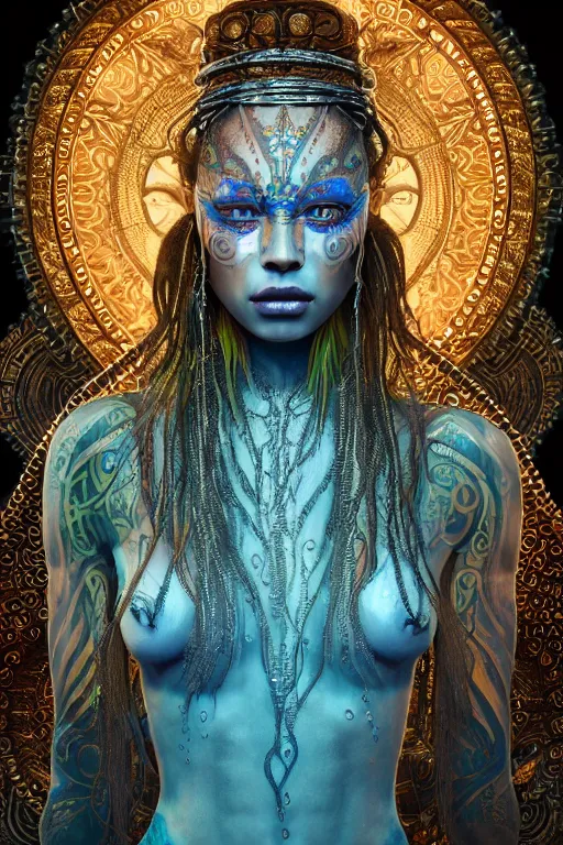 Prompt: a centered render of an mytical festival hippy with tribal tattoos wearing intricate metallic clothing surrounded by a underwater ink pour and flowing liquid gallium and sacred geometry, perfect body and face, gorgeous, cinematic, beautifully lit, by peter kemp, by karol bak, by donato giancola, 3 d, trending on artstation, octane render, 8 k