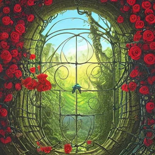 Image similar to a portal with vines and roses on the outside by kilian eng, chris foss, rodney matthews, robert mccall, jacek yerka and vladimir kush, oil on canvas