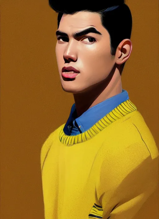 Image similar to portrait of young reggie mantle, mean smirk, egotistical, slicked back hair, striped yellow and black sweater, 1 9 5 0 s, intricate, elegant, glowing lights, highly detailed, digital painting, artstation, concept art, smooth, sharp focus, illustration, art by wlop, mars ravelo and greg rutkowski