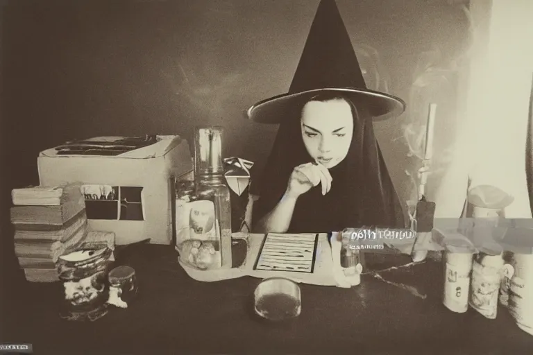 Image similar to polaroid 1 9 8 0's photo, close up portrait, dramatic lighting, concentration, calm confident teen witch and her cat reading tarot card, incense smoke fills the air, a witch hat and cape, ingredients on the table, apothecary shelves in the background, still from harry potter