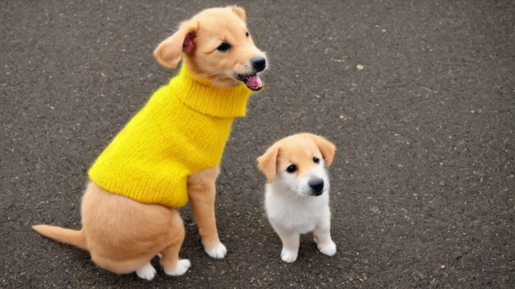 Prompt: a cute puppy cat wearing a yellow sweater