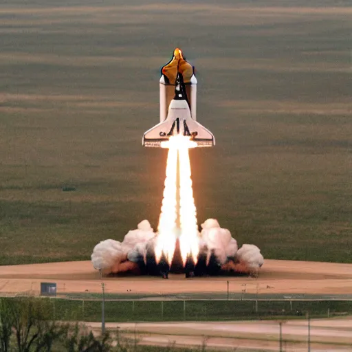 Prompt: a space shuttle made out of cardboard lifts off, photograph