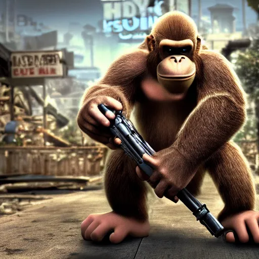 Image similar to Donkey Kong in Call of Duty, highly detailed, high quality, HD, 4k, 8k, Canon 300mm, professional photographer, 40mp, lifelike, top-rated, award winning, realistic, sharp, no blur, edited, corrected, trending