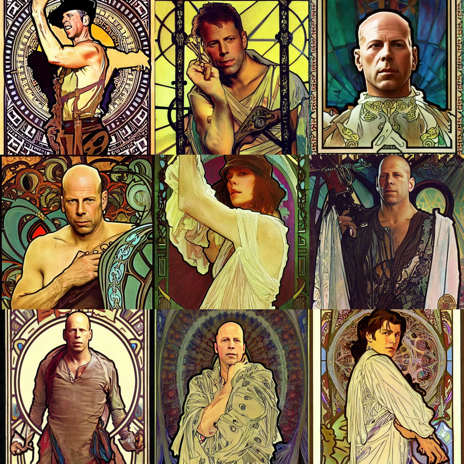 Prompt: Bruce Willis painted by Alphonse Mucha