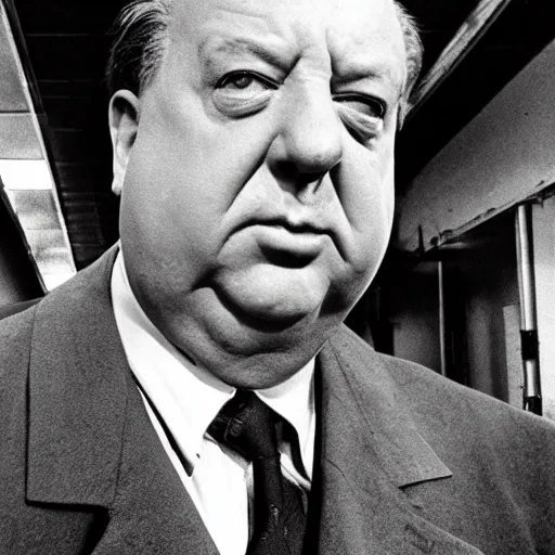 Prompt: photo, close up, alfred hitchcock in a hi vis vest, in tyson slaughterhouse, android cameraphone, 2 6 mm,