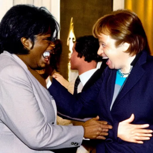 Image similar to angela merkel shaking hands with michael jackson while screaming and shouting