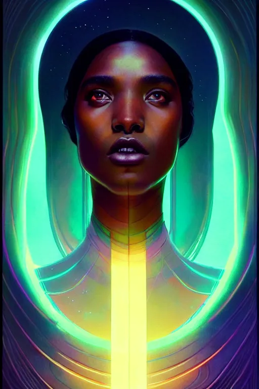 Prompt: patron saint of 🛸👩🏾, futuristic clothing, neon god of city character portrait, in the style of moebius, tom bagshaw, and waterhouse, cinematic lighting, beautiful, elegant, oil painting,