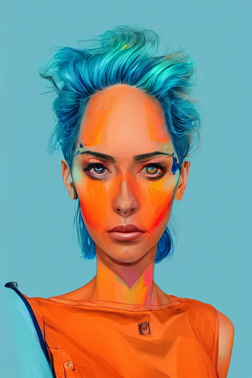 Image similar to a award winning half body portrait of a beautiful caucasian woman in a croptop and cargo pants with ombre orange blue teal hairstyle with head in motion and hair flying by martine johanna and will eisner, outrun, vaporware, digital art, trending on artstation, highly detailed, fine detail, intricate