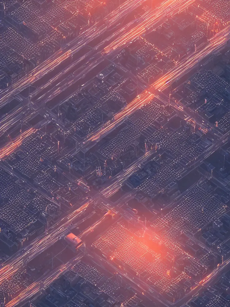 Image similar to An aerial view of a city landscape of hundreds of nixie tubes on a grid layout street system with streetlights at sunset, 3D Rendered, fresnel effect, subsurface scattering, Unreal Engine