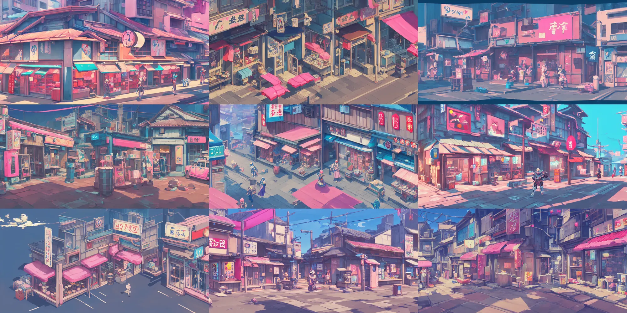 Prompt: game asset of japanese store fronts, in gouache detailed paintings, props, stylized, 2 d sprites, kitbash, arcane, overwatch, blue and pink color scheme, 8 k, close up