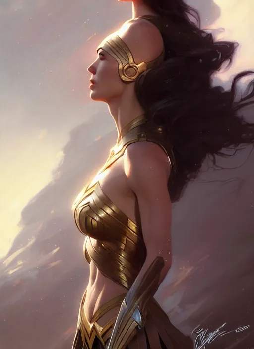 Prompt: gal gadot, digital art by artgerm and greg rutkowski, gaston bussiere, android jones, cinematic lighting, trending on artstation, volumetric dust, intricate, elegant