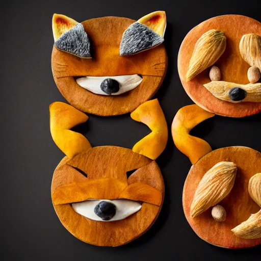 Image similar to studio photography of dinner food in the shape of a fox