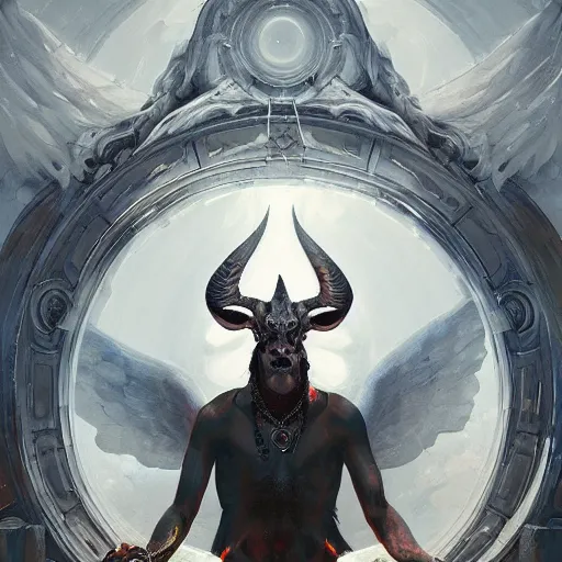 Prompt: Baphomet sitting in front of a portal to the infinite . Highly detailed painting Greg rutkowski. Good clear quality, high detail, octagon render 8k