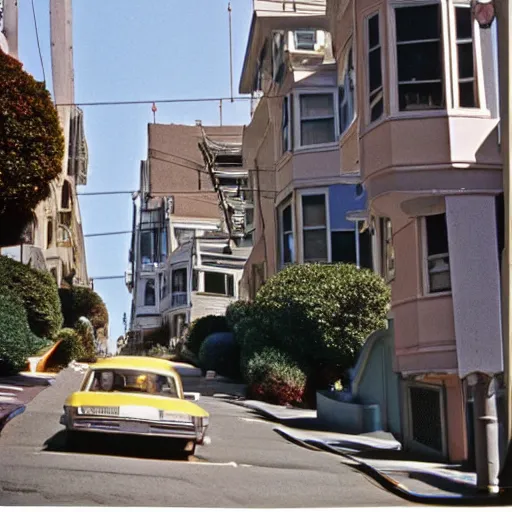 Prompt: color photography of Lombard Street, San Francisco In 1975