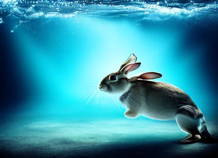 Prompt: under water rabbit, water light scattering, underwater photography, high details, 8 k, realistic shot, cinematic lighting