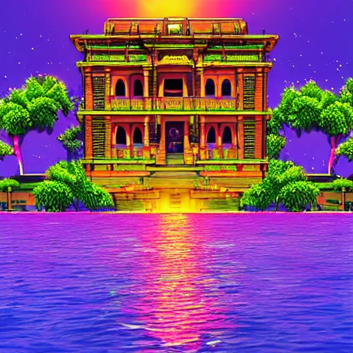 Prompt: ancient palace viewed from the sea, epic retrowave art, trending on art station