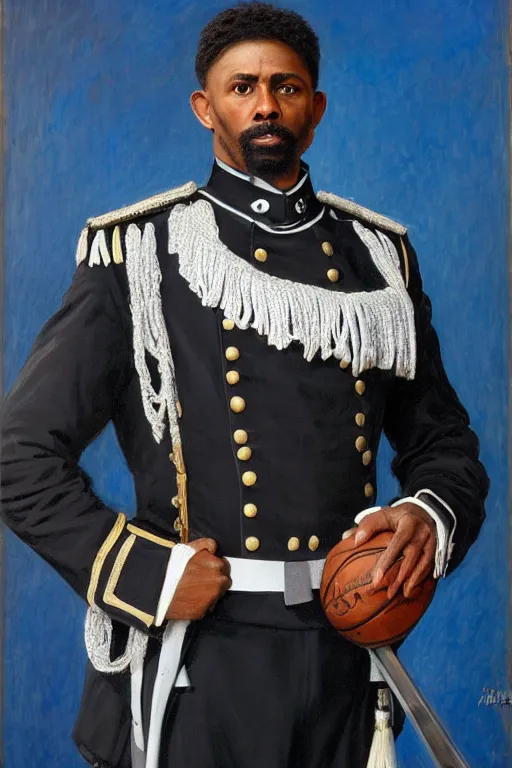 Prompt: full body portrait of the dictator of the orlando magic, 1 8 8 9, in full military garb, magic blue, silver, and black, shaquile o'neil, oil on canvas by william sidney mount, trending on artstation