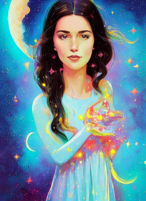 Image similar to full - length portrait of a young woman with dark hair, wearing a flowing sundress, standing in front of a colorful starry galaxy, detailed face, fantasy, cinematic lighting, digital art painting, fine details by realistic shaded lighting poster by ilya kuvshinov katsuhiro otomo, magali villeneuve, artgerm, jeremy lipkin and michael garmash and rob rey