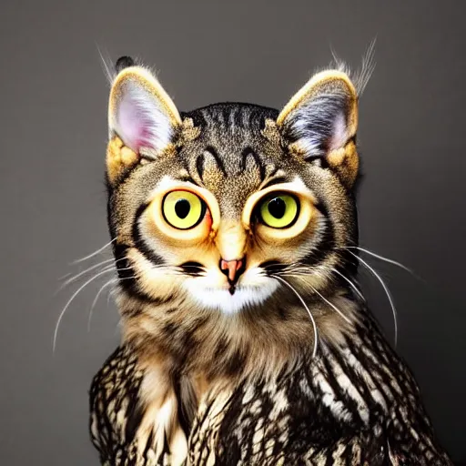 Prompt: a feline owl - cat - hybrid, animal photography