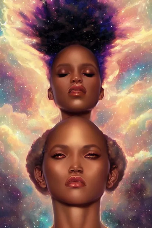 Prompt: beautiful black girl magic, shining glory in front of nebulae bursting halos, crisp digital painting by artgerm, by mucha by caravaggio and face by wlop