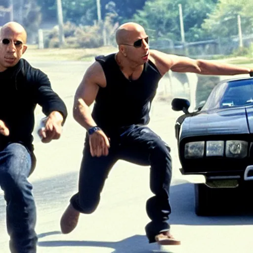 Prompt: film still of Vin Diesel as Domenic Toreto and Keanu Reeves as Brian O’Conner in a high speed chase in Fast and the Furious