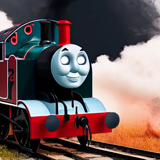 Image similar to thomas the tank engine of death red eyes smoke, dark