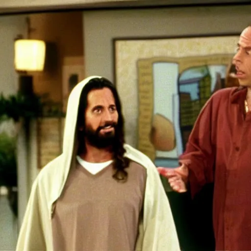 Prompt: Photo still of Jesus Christ in 1990s clothing guest-starring alongside Jerry Seinfeld during an episode of the TV show Seinfeld (1994)