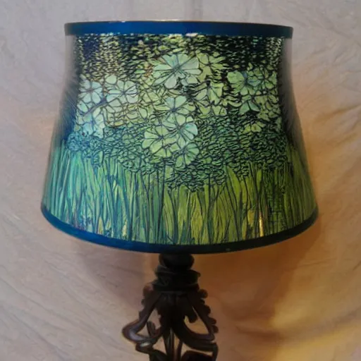 Image similar to beautiful victorian art nouveau mushroom shaped lampshade, river reeds duckweeds close up abstract mallard feathers, mucha tiffany kilian eng