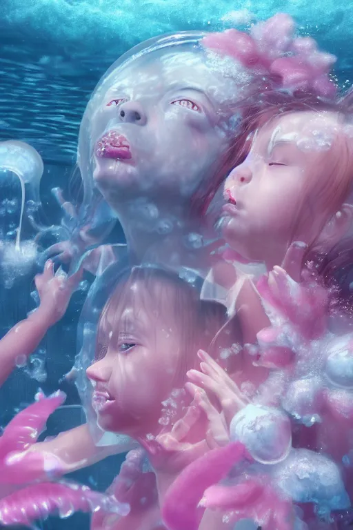 Image similar to 3d realistic dramatic infrared photo of two schoolgirls sisters with a realistic cute face fighting in a dark subway station under water in Japan. Close-up portrait. There are pink palm trees and translucent glow jellyfish flying around. Volumetric composition. Pastel colors in the style of Hiro Kiyohara, redshift, octane, trend artstation, cinematic, hyper realism, high detail, 8k