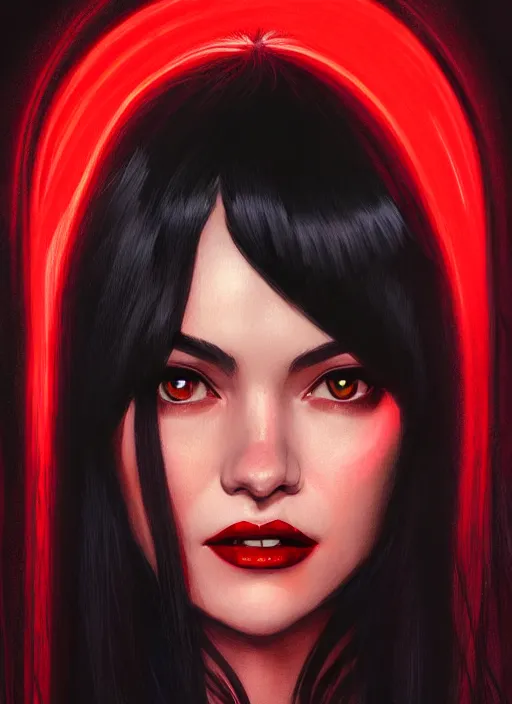 Prompt: portrait of vampire veronica lodge with bangs, vampire, long hair, red clothes, bangs, intricate, elegant, glowing lights, highly detailed, digital painting, artstation, concept art, smooth, sharp focus, illustration, art by wlop, mars ravelo and greg rutkowski