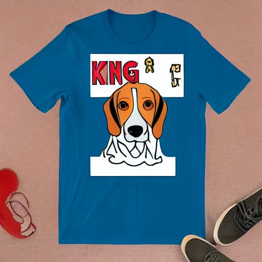 Prompt: a t - shirt design of a beagle who is a king wearing a crowd. street wear style.