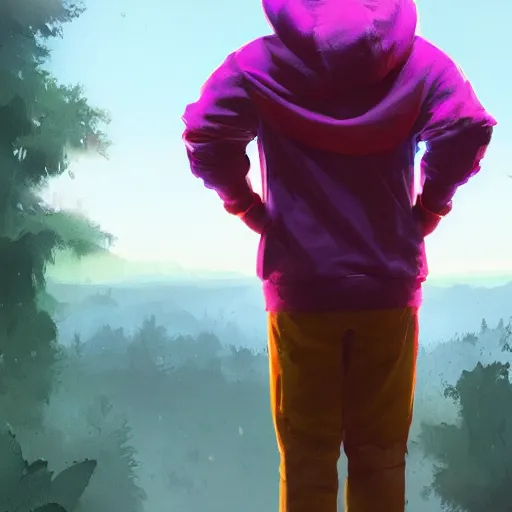 Prompt: View from back of a guy wearing a colorful hoodie, by Greg Rutkowski, James Gilleard, Jordan Grimmer digital art , CGSociety, Unreal Engine, 4K, 8K