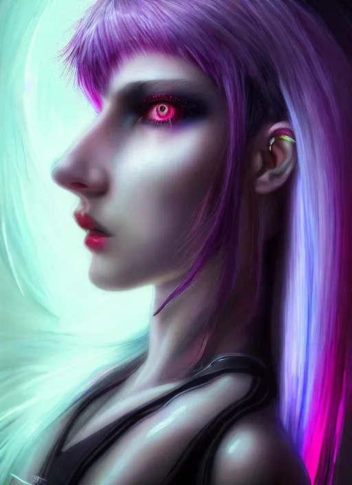 Image similar to hair whitebangs hair, black cyberlox, portrait of teenage girl with white bangs, whitebangsblackhair, messy bangs, cyberlox, whitebangs, red irises, purple clothes, intricate, elegant, glowing lights, highly detailed, digital painting, artstation, concept art, sharp focus, illustration, art by wlop, mars ravelo and greg rutkowski