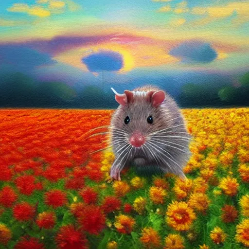 Prompt: an oil painting of a rat in a flower field, colorful, artstation, miyazaki, sunrise, very high detail