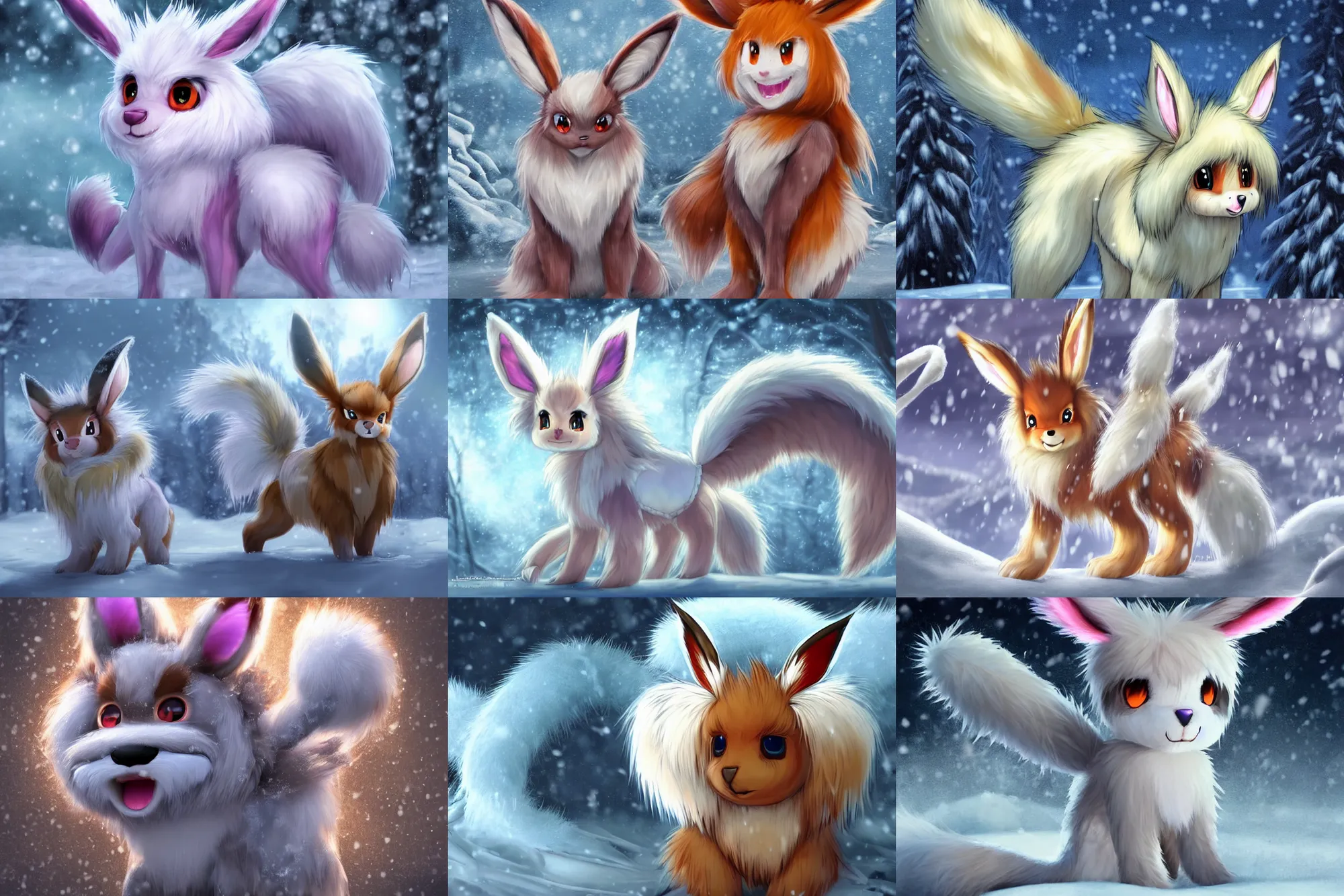 Prompt: fan art rendering of a frosty anthro fuzzy eevee evil comb sitting in snow eevee high resolution anthro eevee humanoid, CGsociety UHD 4K highly detailed, intricate heterochromia sad, watery eyes with clawed finger in nose eevee anthro standing up poofy synthetic fur tail bloody fur wearing bow braided tail looking down bleeding eevee anthro tongue sticking out wearing a sash smiling in winter facing the moon zions national frozen humanoid