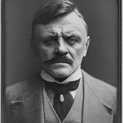 Prompt: headshot edwardian photograph of anthony hopkins, ian mcshane, arthur shelby, terrifying, scariest looking man alive, 1 8 9 0 s, london gang member, slightly pixelated, angry, intimidating, fearsome, realistic face, peaky blinders, 1 9 0 0 s photography, 1 9 1 0 s, grainy, blurry, very faded