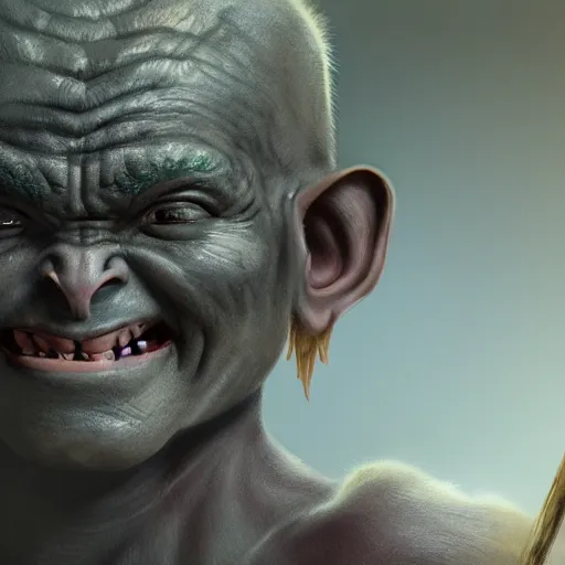 Image similar to a detailed portrait of a cute child orc boy smiling, fantasy art illustration, incredibly highly detailed and realistic, 8 k, sharp focus