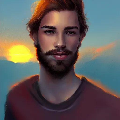 Image similar to young man with a light beard, beautiful sunset, high definition, concept art, digital painting, art by Bowater and Charlie