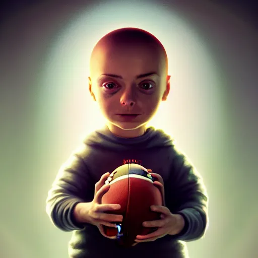 Image similar to baby stewie with a football shaped head, huggy wuggy from poppy playtime video game, fullbody, ultra high detailed, glowing lights, oil painting, greg rutkowski, charlie bowater, beeple, unreal 5, daz, hyperrealistic, octane render, rpg portrait, dynamic lighting, fantasy art, beautiful face