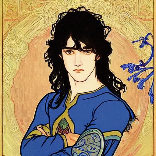 Prompt: portrait painting of young handsome beautiful paladin elf!! man with long! wavy dark hair in his 2 0 s named taehyung minjun adam at the blueberry party, wearing armor!, long hair, elf ears, blue eyes, blueeyes!, elegant, delicate, soft facial features, art, art by alphonse mucha, vincent van gogh, egon schiele,