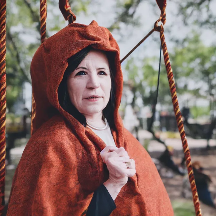 Prompt: a closeup portrait of a woman wearing a cloak made of ribbons, staring at an empty swing playground, claymation, canon eos c 3 0 0, ƒ 1. 8, 3 5 mm, 8 k, medium - format print