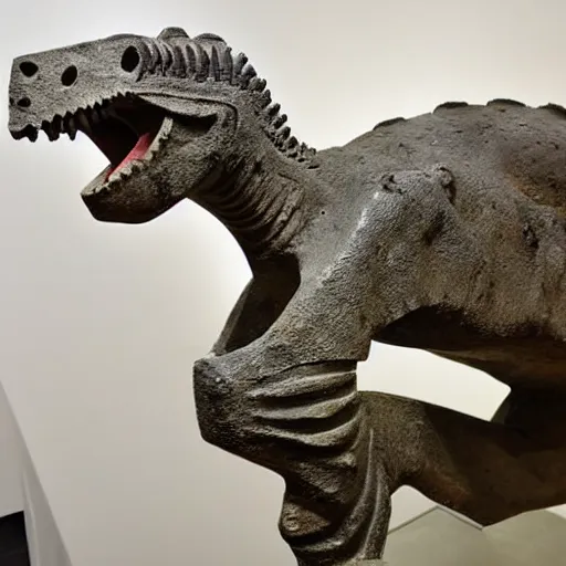 Image similar to ancient Irish, iron age, photo of stone carved statue of a dinosaur, in museum room