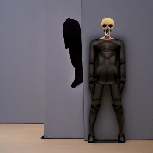 Prompt: a cyborg human in an art exhibition, concept art by Erwin wurm