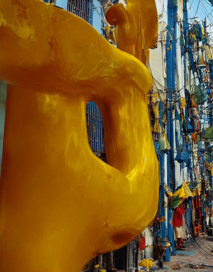 Prompt: vintage color photo of a liquid gold sculpture in a guayaquil alley, photography by werner herzog