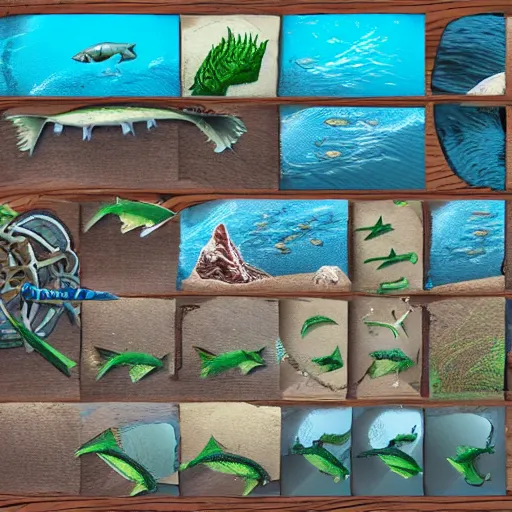 Prompt: game assets for a fishing game, fish textures, high detail, hd