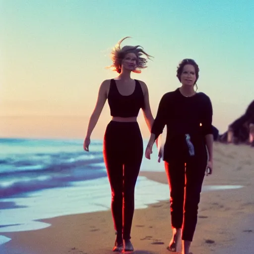 Image similar to beautiful hyperdetailed photograph of jennifer lawrence and jennifer lawrence taking a walk at the beach, golden hour, soft focus, medium shot, 8 k, portra 4 0 0